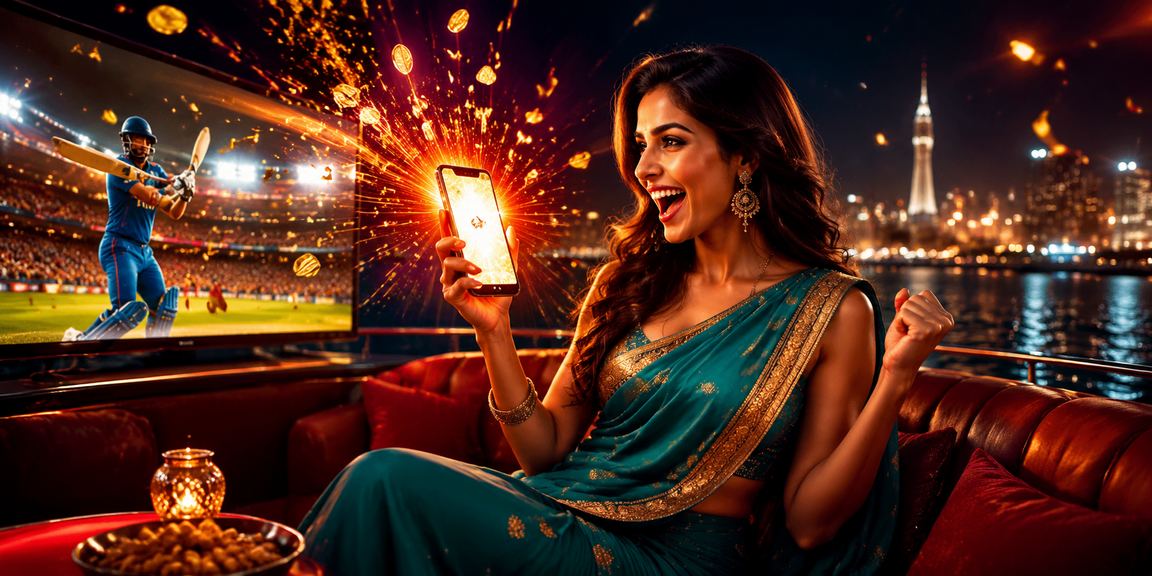 Indian woman placing cricket bets on mobile with festive atmosphere